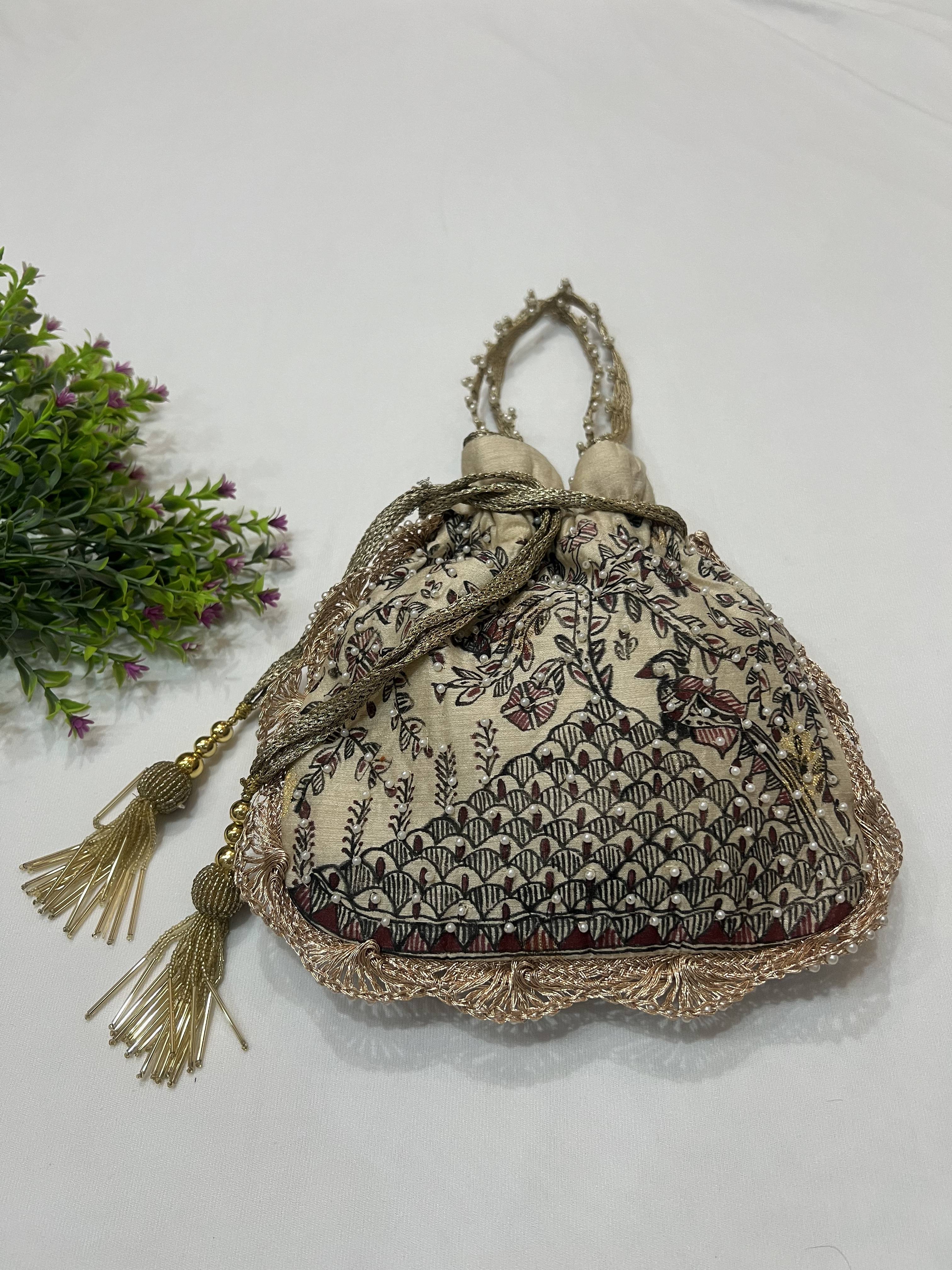 Hand-Painted Madhubani Tree of Life Potli on Beige